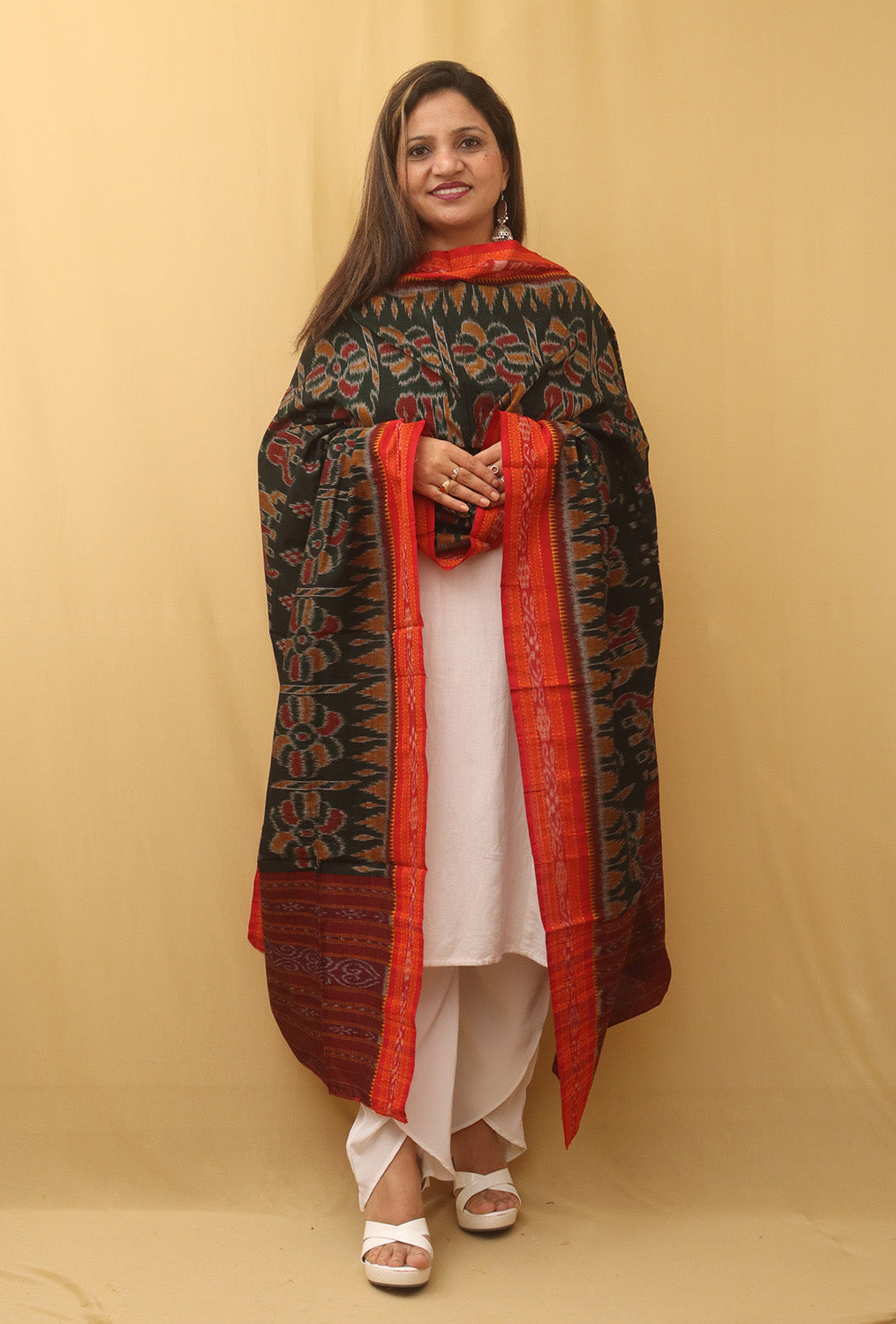 Green Handloom Sambalpuri Ikat Pure Cotton Dupatta - Luxurion World