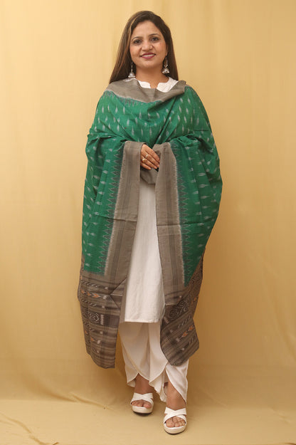 Green Handloom Sambalpuri Ikat Pure Cotton Dupatta - Luxurion World