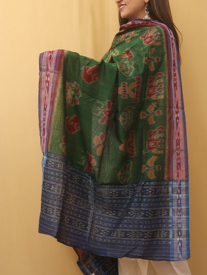 Green Handloom Sambalpuri Ikat Pure Cotton Dupatta - Luxurion World