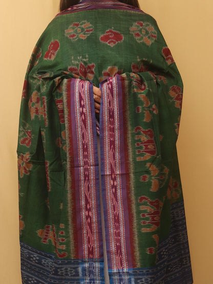 Green Handloom Sambalpuri Ikat Pure Cotton Dupatta - Luxurion World