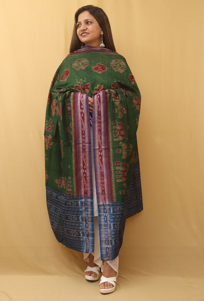 Green Handloom Sambalpuri Ikat Pure Cotton Dupatta - Luxurion World