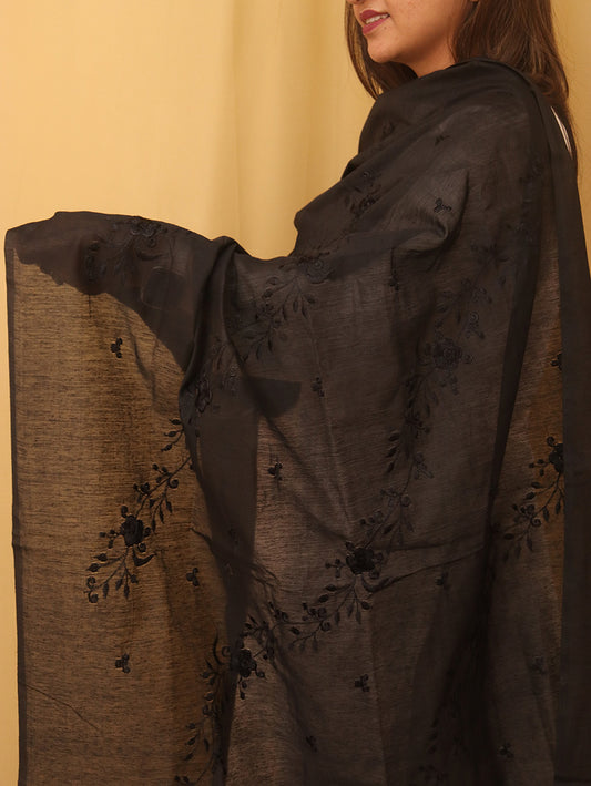 Black Embroidered Trendy Cotton Silk Dupatta