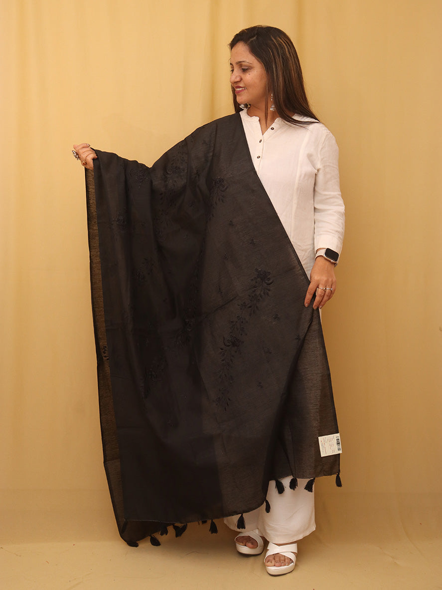 Black Embroidered Trendy Cotton Silk Dupatta - Luxurion World