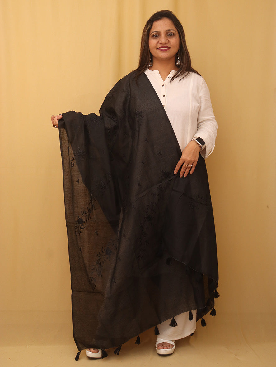 Black Embroidered Trendy Cotton Silk Dupatta - Luxurion World