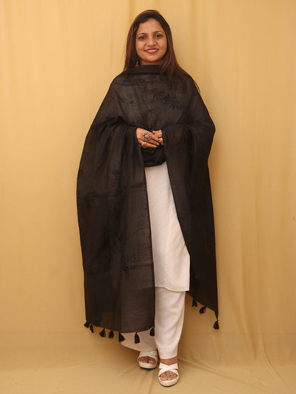 Black Embroidered Trendy Cotton Silk Dupatta - Luxurion World