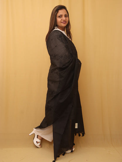 Black Embroidered Trendy Cotton Silk Dupatta - Luxurion World