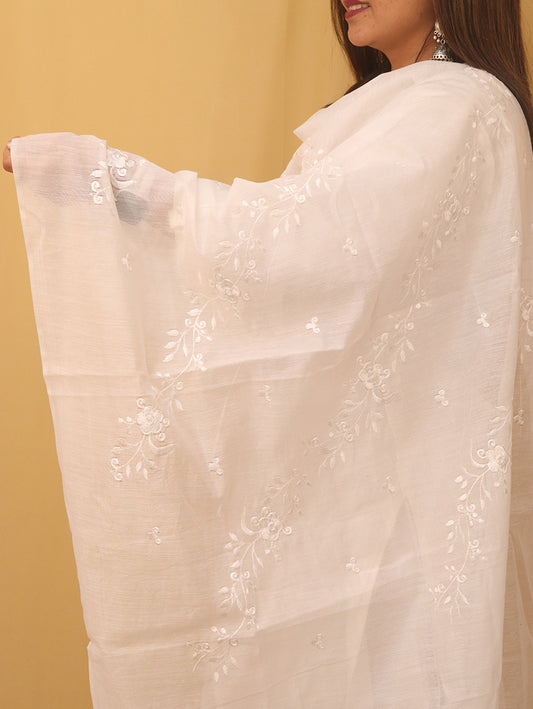 White Embroidered Trendy Cotton Silk Dupatta - Luxurion World