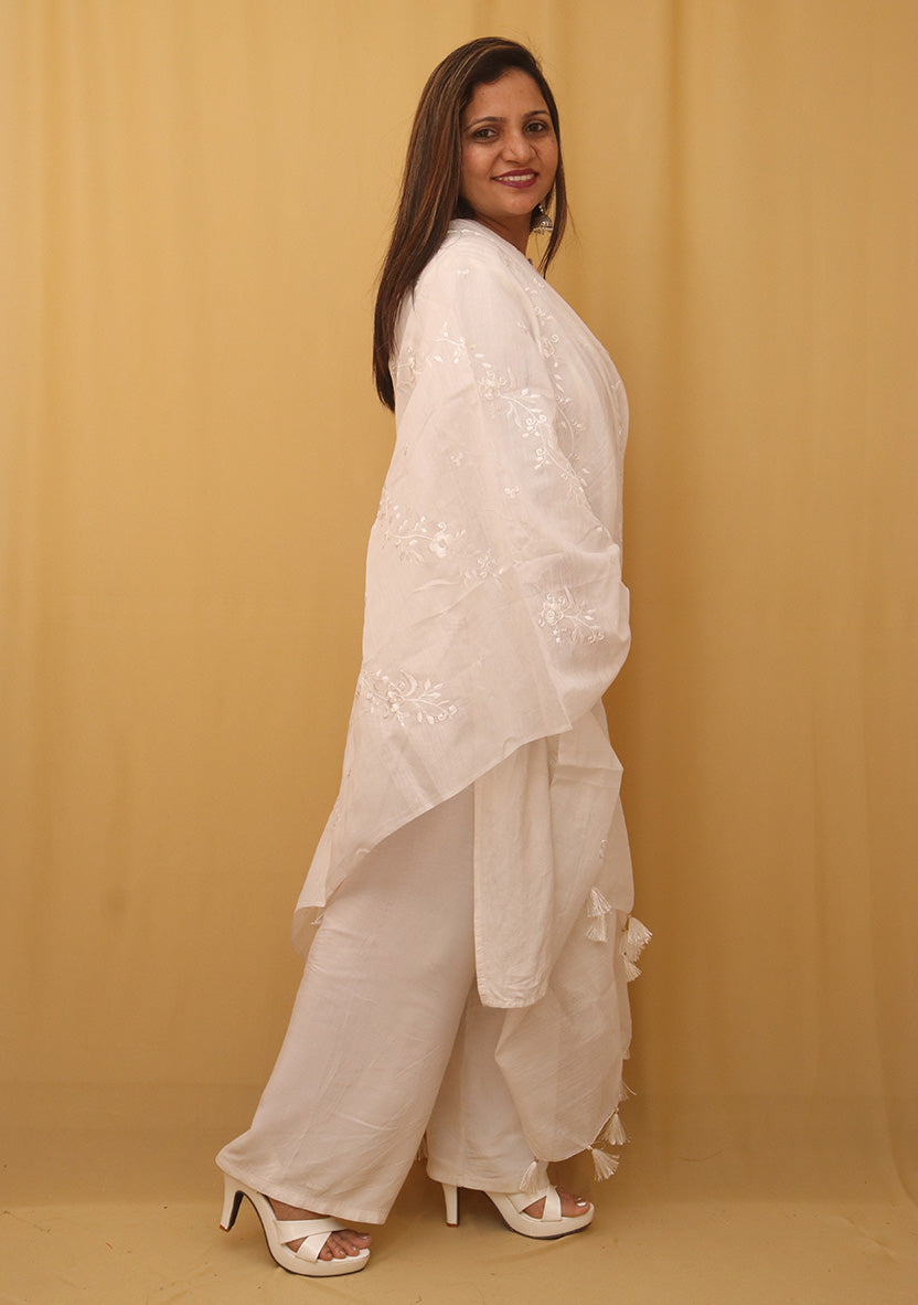 White Embroidered Trendy Cotton Silk Dupatta - Luxurion World