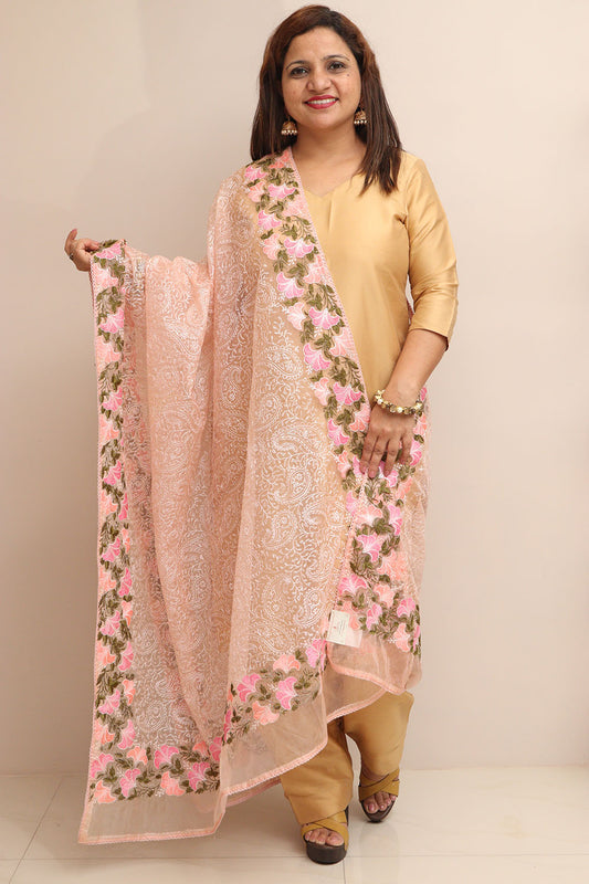 Peach Embroidered Organza Dupatta - Trendy Style - Luxurion World
