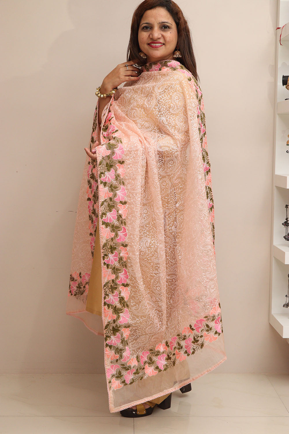 Peach Embroidered Organza Dupatta - Trendy Style - Luxurion World