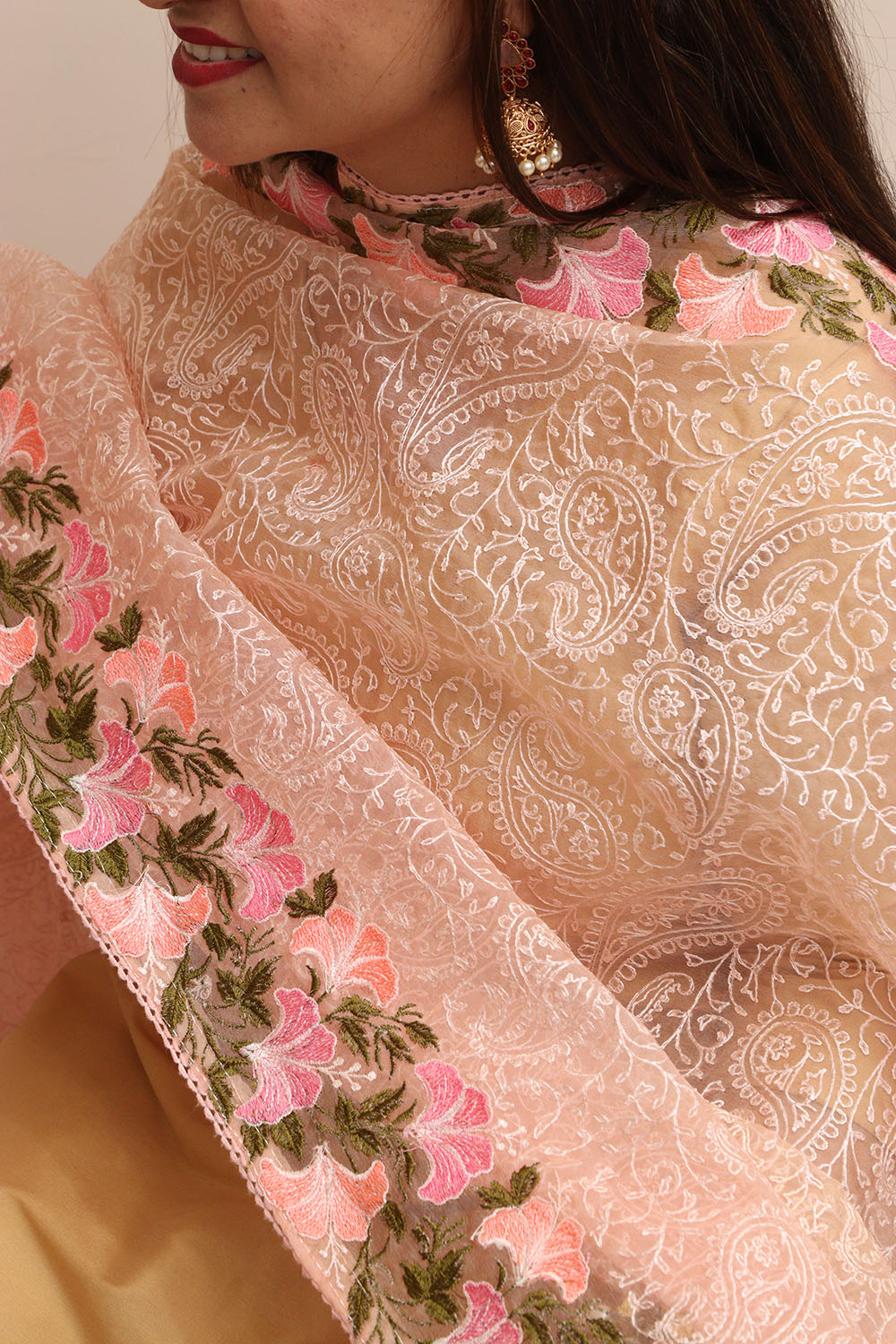Peach Embroidered Organza Dupatta - Trendy Style - Luxurion World