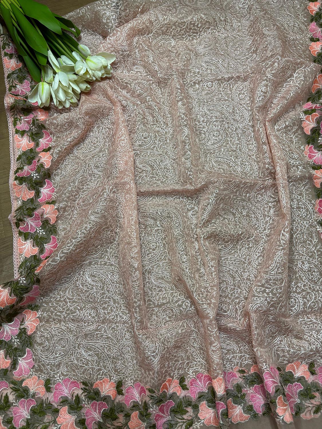 Peach Embroidered Organza Dupatta - Trendy Style - Luxurion World