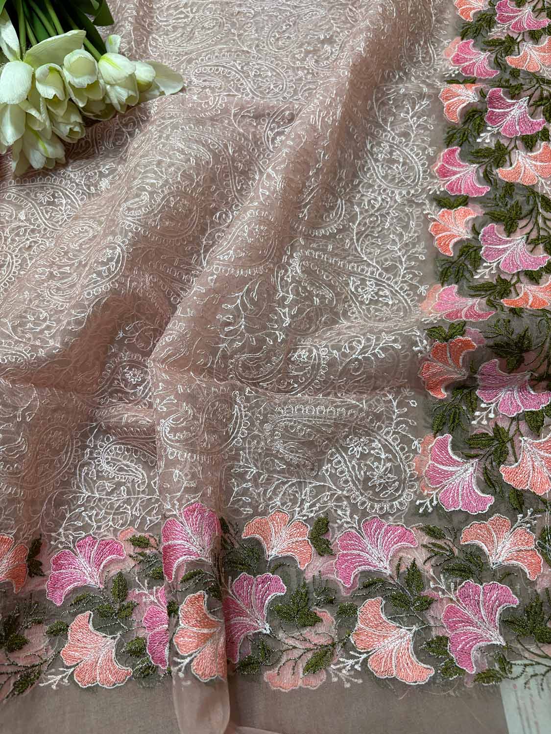 Peach Embroidered Organza Dupatta - Trendy Style - Luxurion World