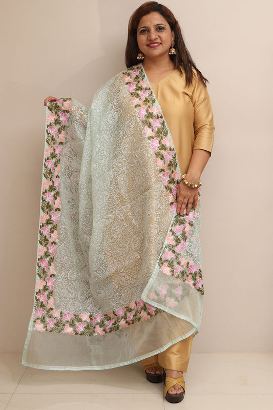 Stylish Green Trendy Organza Dupatta with Embroidery - Luxurion World