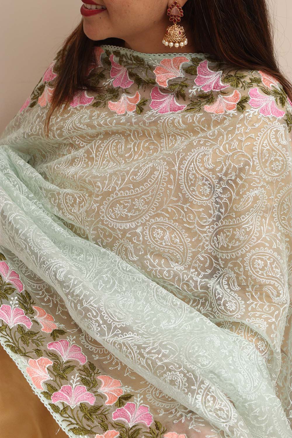 Stylish Green Trendy Organza Dupatta with Embroidery - Luxurion World