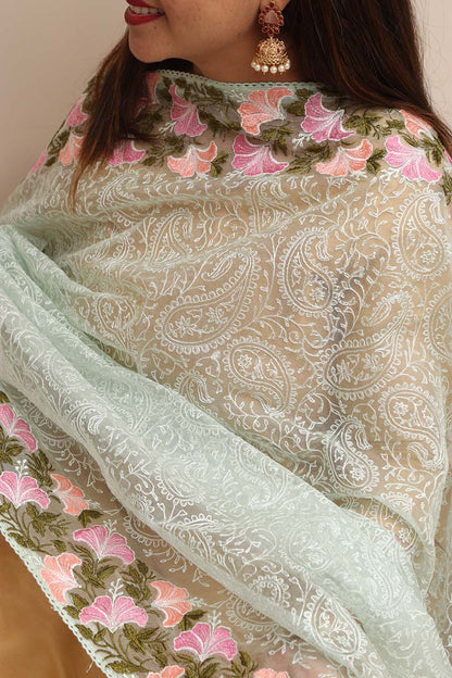 Stylish Green Trendy Organza Dupatta with Embroidery - Luxurion World