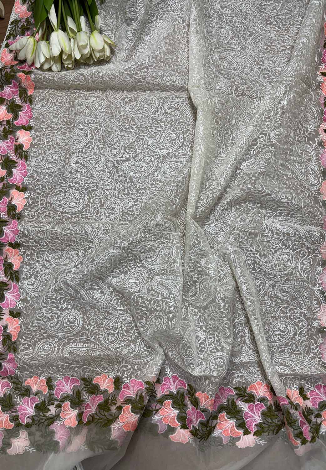 Pastel Embroidered Organza Dupatta - Trendy Style - Luxurion World- Crafted Heirlooms