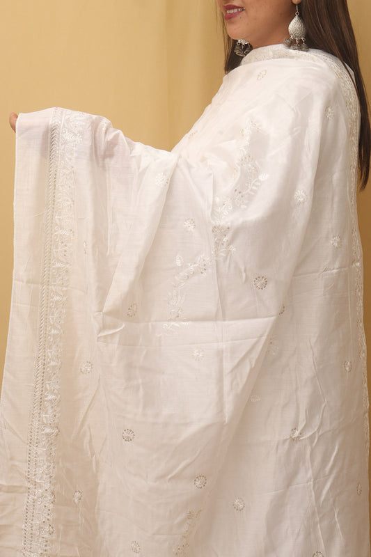 White Embroidered Trendy Chanderi Silk Dupatta - Luxurion World