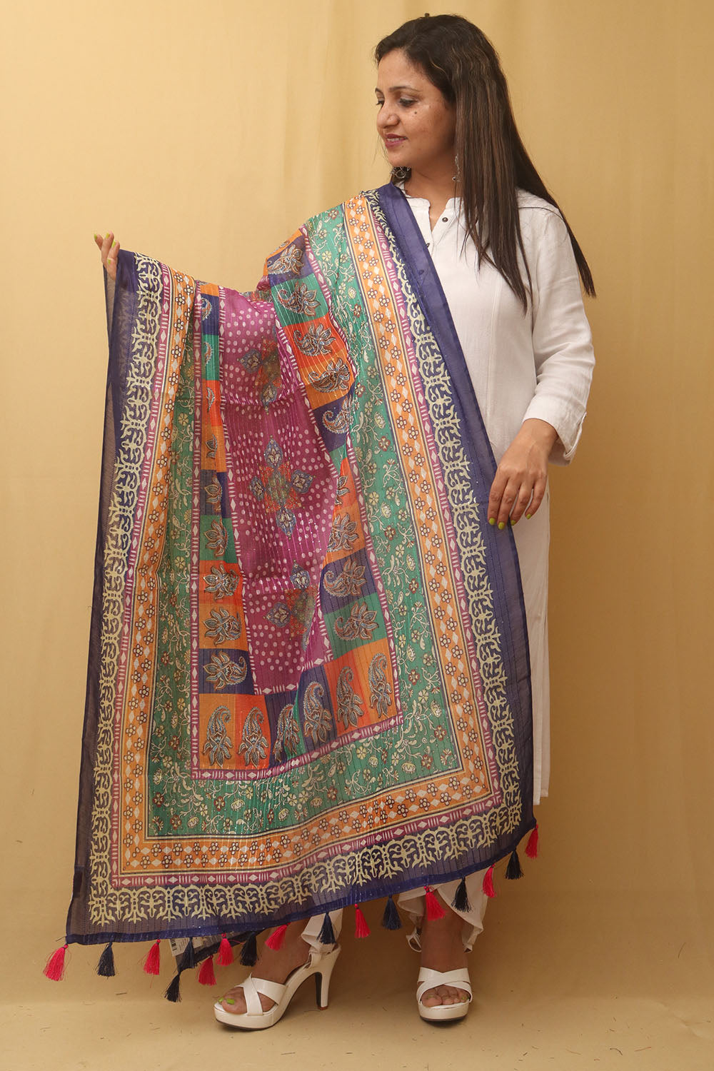 Multicolor Digital Printed Silk Sequins Work Dupatta - Luxurion World