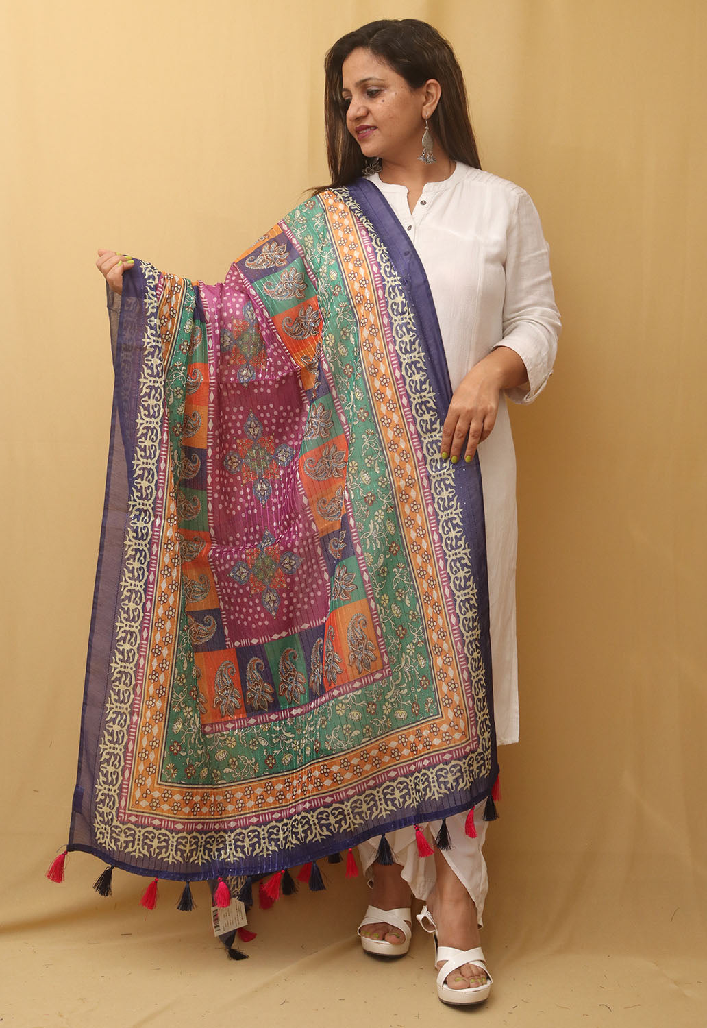 Multicolor Digital Printed Silk Sequins Work Dupatta - Luxurion World