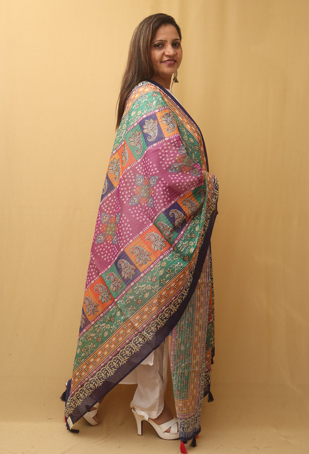 Multicolor Digital Printed Silk Sequins Work Dupatta - Luxurion World