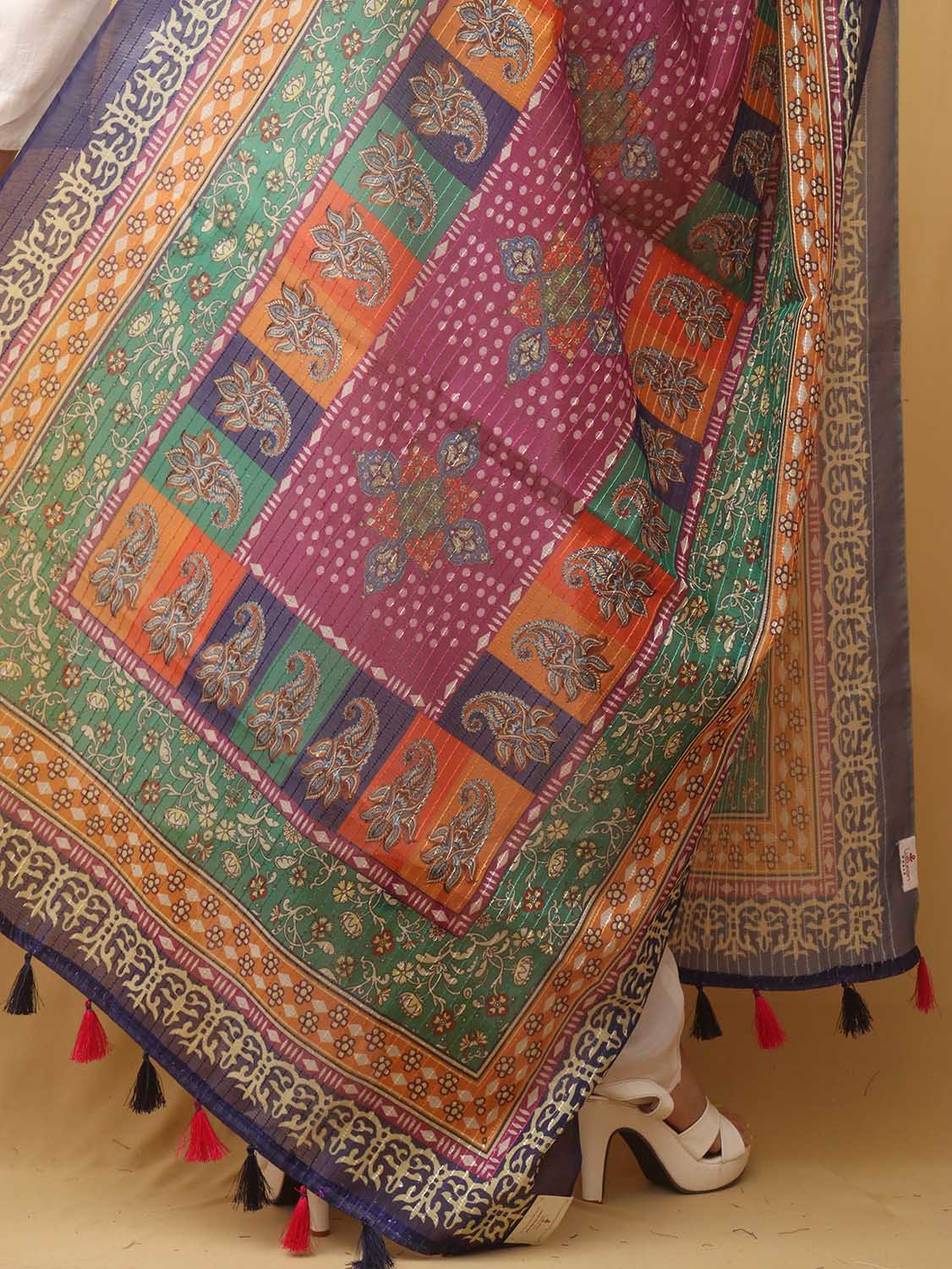Multicolor Digital Printed Silk Sequins Work Dupatta - Luxurion World