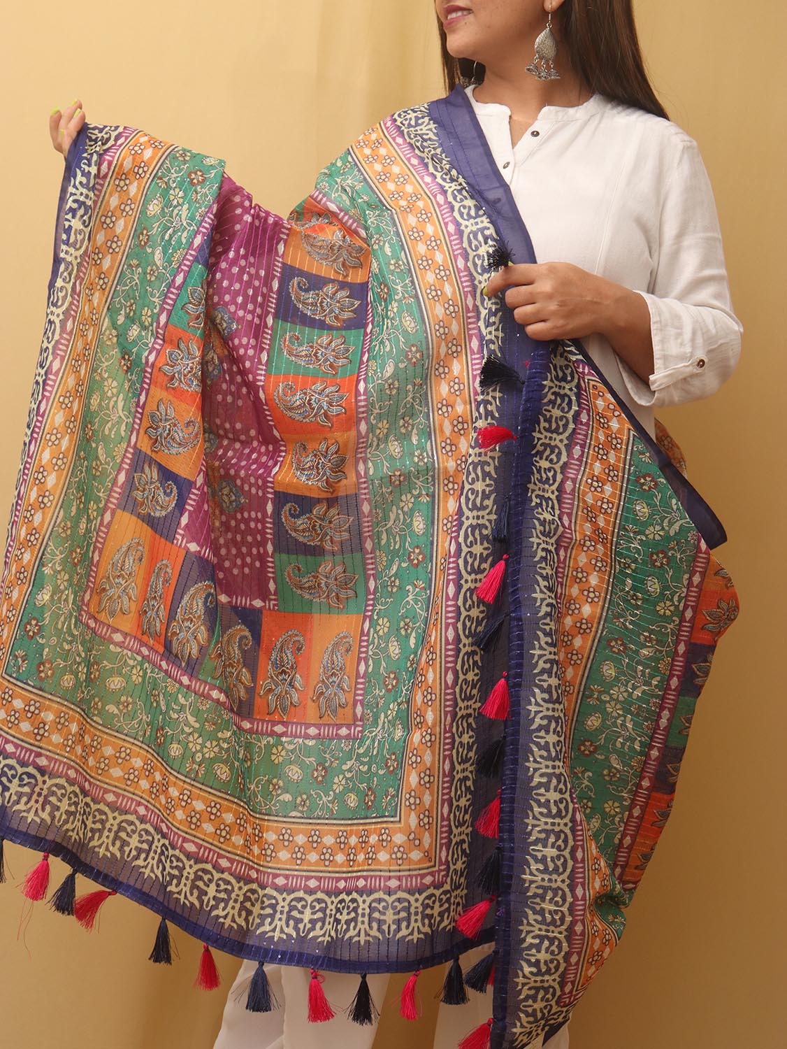 Multicolor Digital Printed Silk Sequins Work Dupatta - Luxurion World