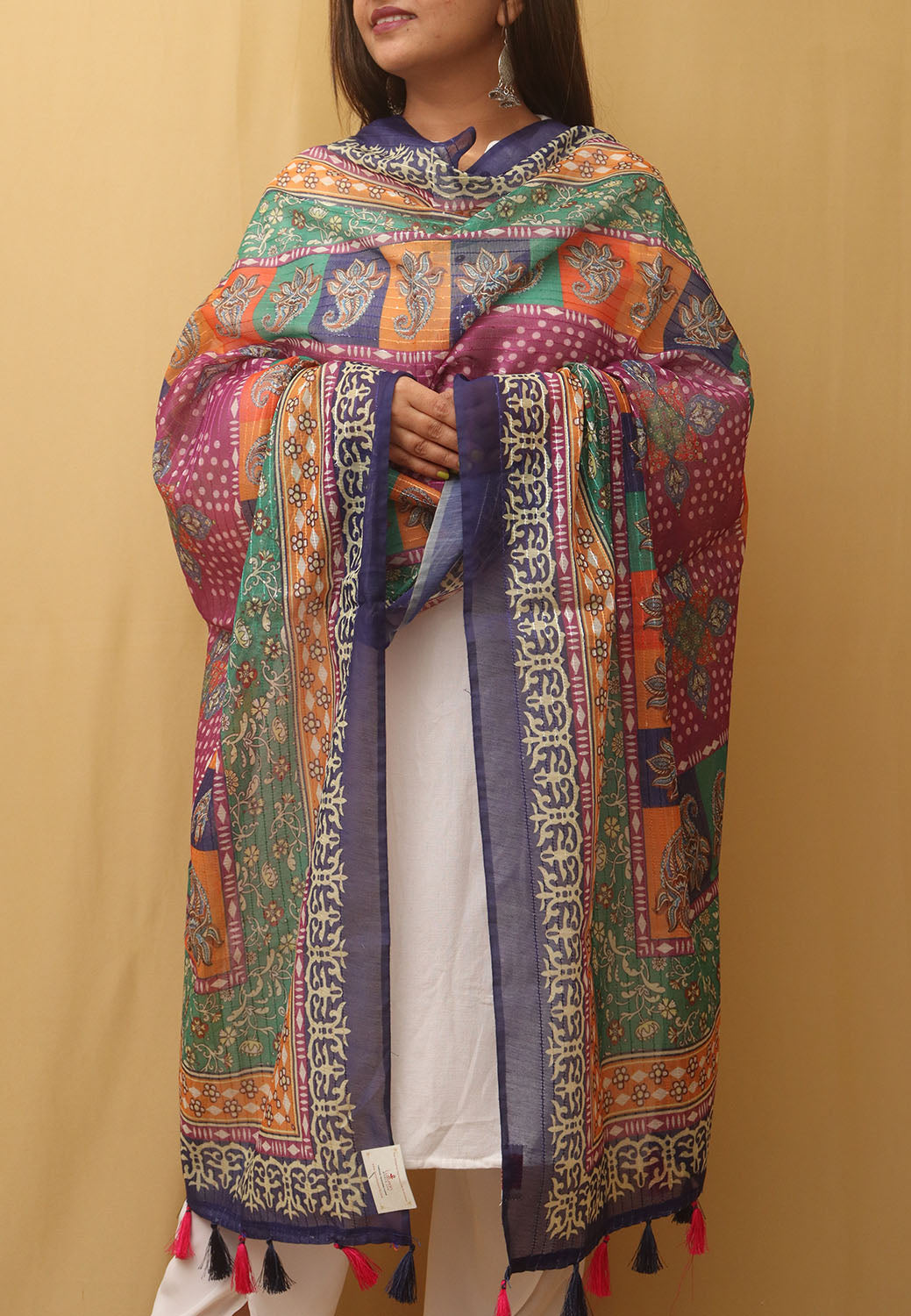 Multicolor Digital Printed Silk Sequins Work Dupatta - Luxurion World