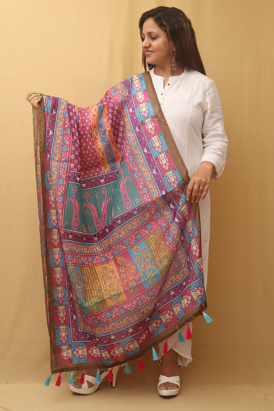 Multicolor Digital Printed Silk Sequins Work Dupatta - Luxurion World