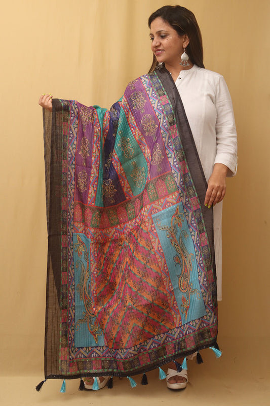 Multicolor Digital Printed Silk Sequins Work Dupatta - Luxurion World