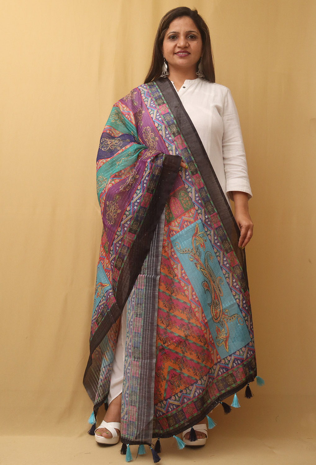 Multicolor Digital Printed Silk Sequins Work Dupatta - Luxurion World