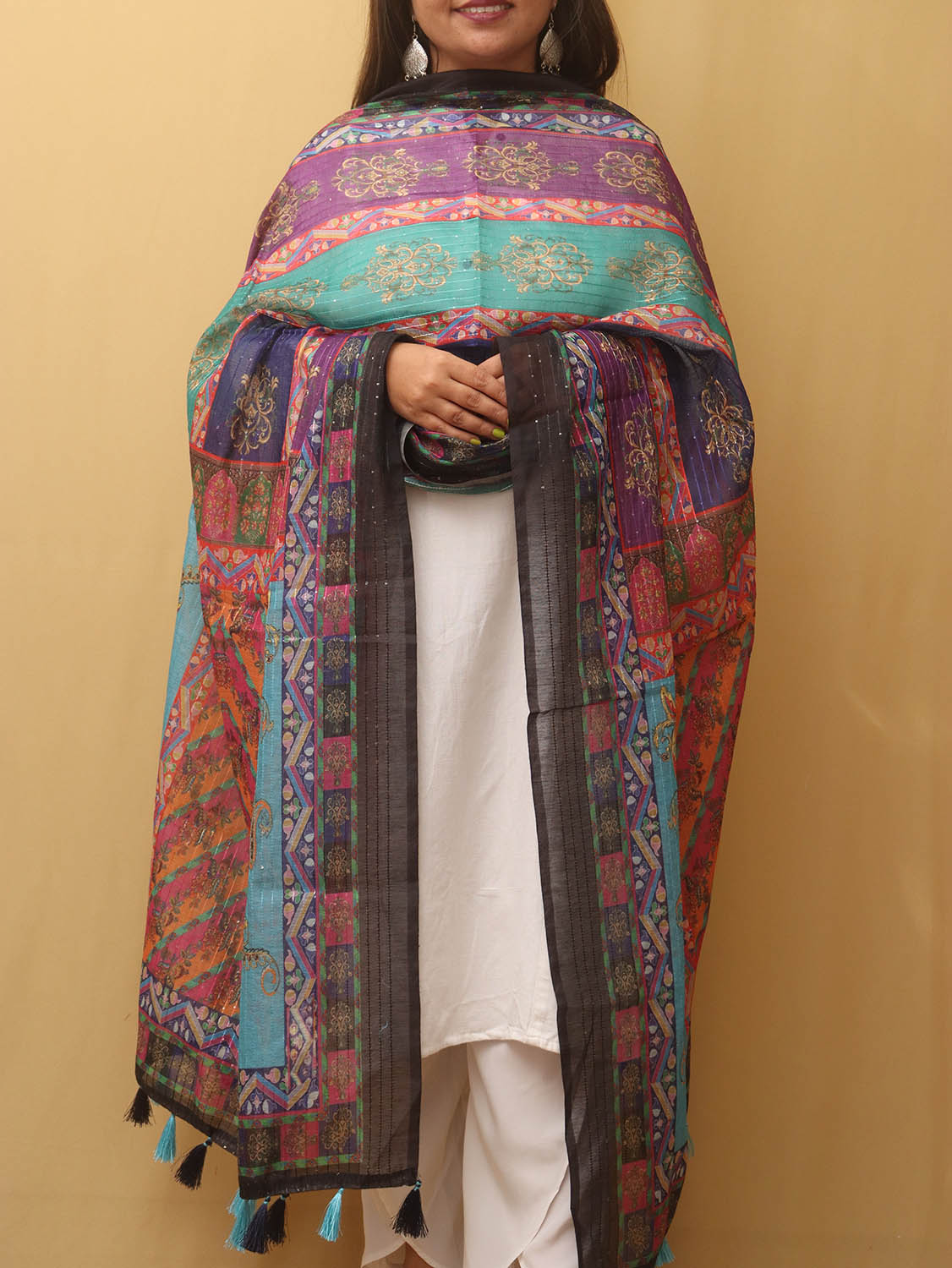 Multicolor Digital Printed Silk Sequins Work Dupatta - Luxurion World