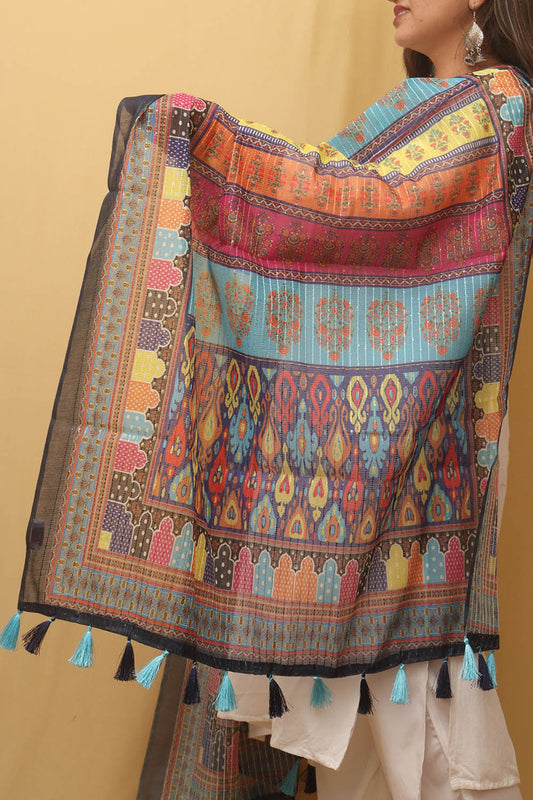 Multicolor Digital Printed Silk Sequins Work Dupatta - Luxurion World