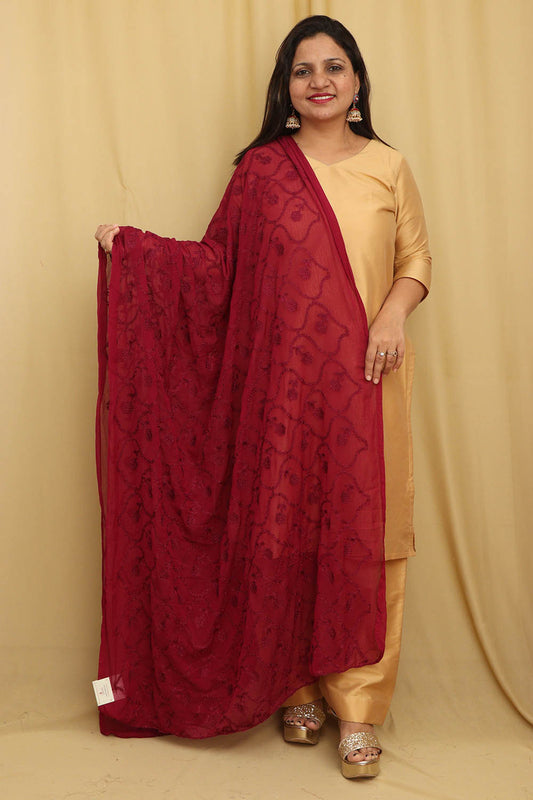 Stylish Maroon Embroidered Georgette Dupatta - Luxurion World