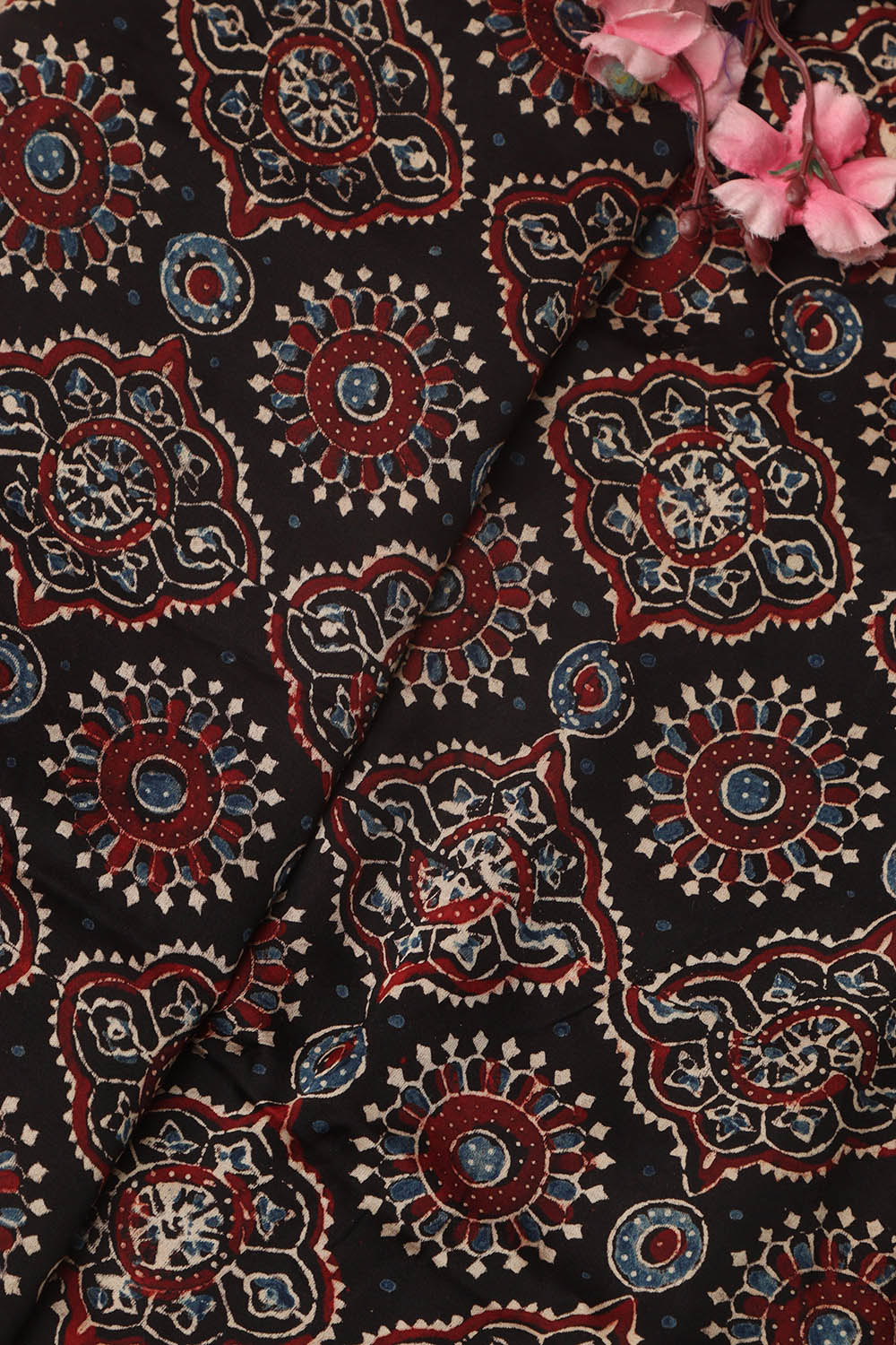 Black Block Printed Ajrakh Modal Silk Fabric ( 1 Mtr ) - Luxurion World