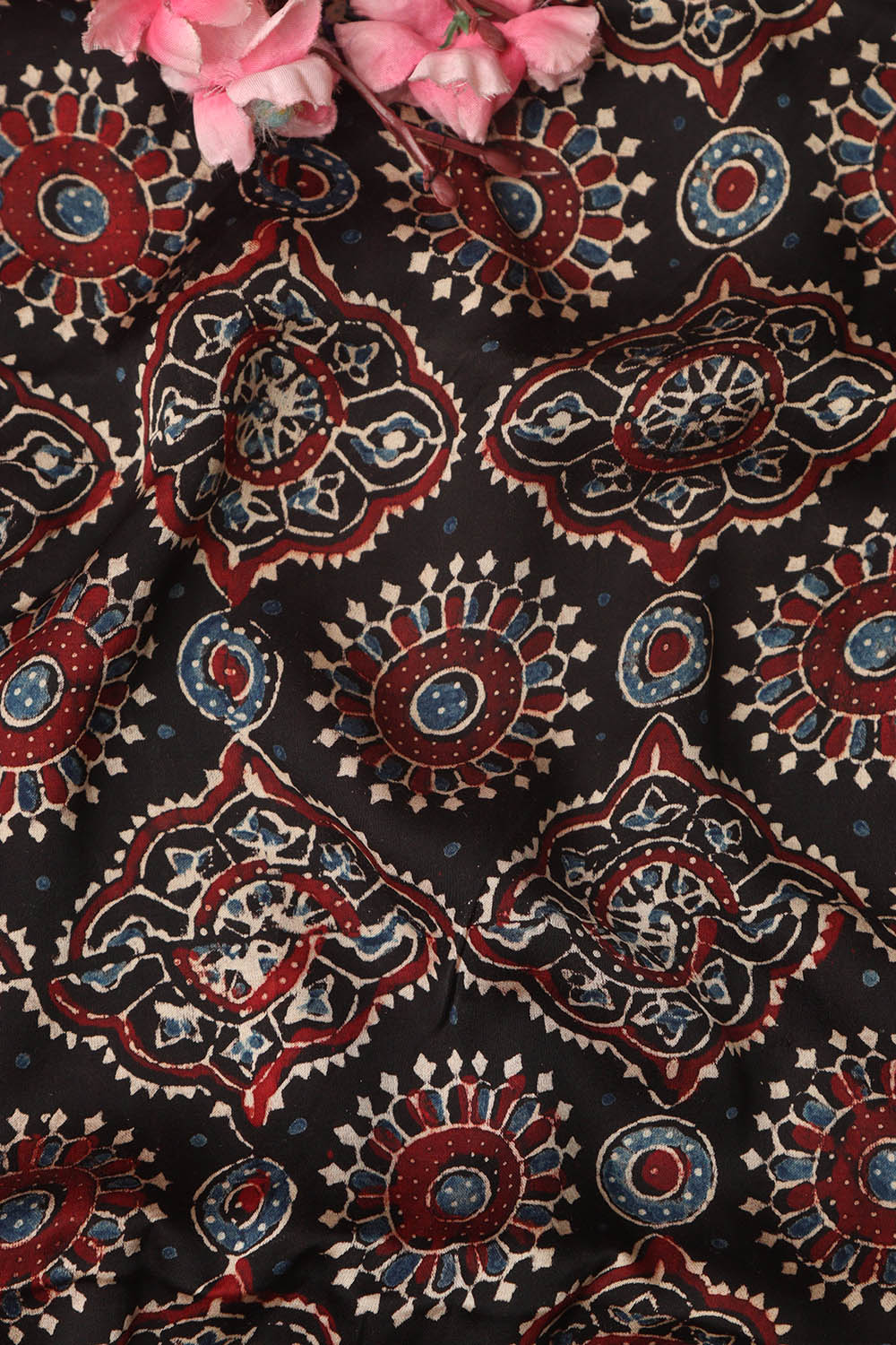 Black Block Printed Ajrakh Modal Silk Fabric ( 1 Mtr ) - Luxurion World