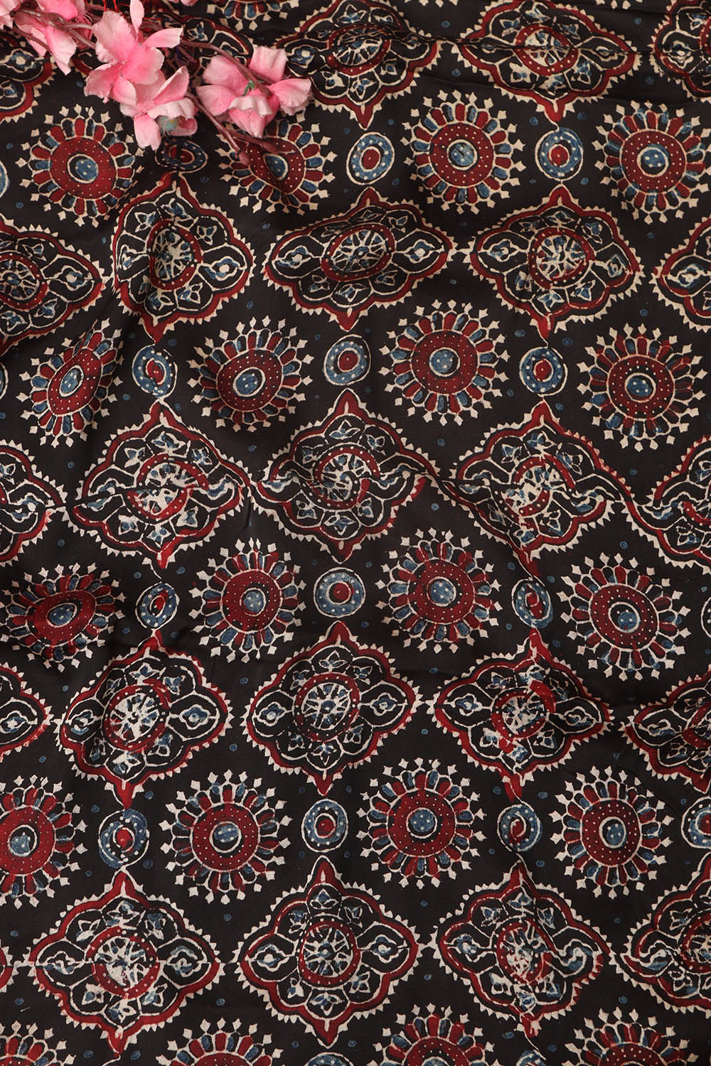 Black Block Printed Ajrakh Modal Silk Fabric ( 1 Mtr ) - Luxurion World