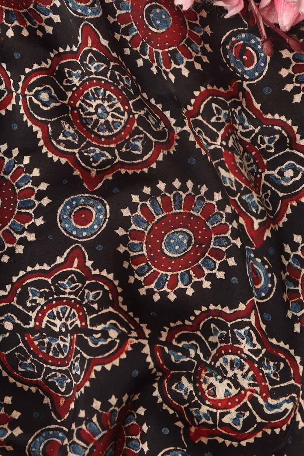 Black Block Printed Ajrakh Modal Silk Fabric ( 1 Mtr ) - Luxurion World