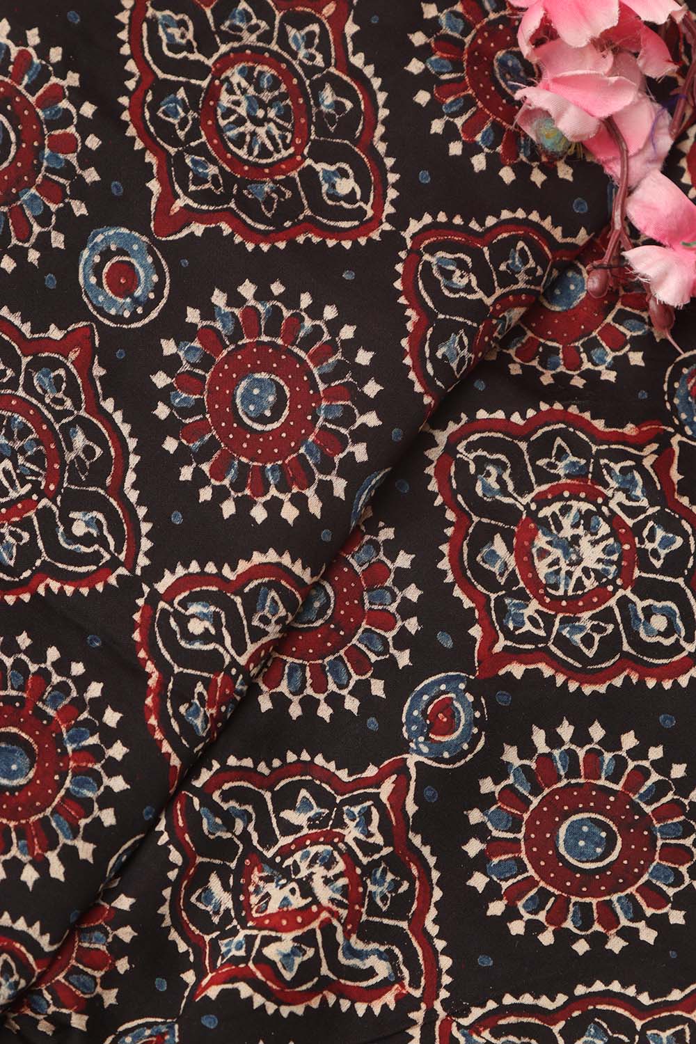 Black Block Printed Ajrakh Modal Silk Fabric ( 1 Mtr ) - Luxurion World