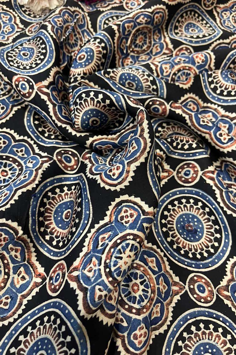 Black Block Printed Ajrakh Modal Silk Fabric ( 2.5 Mtr ) - Luxurion World