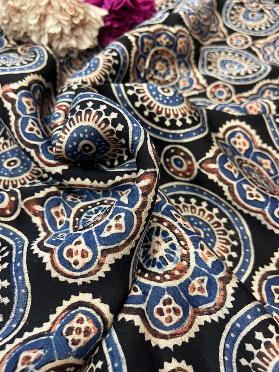 Black Block Printed Ajrakh Modal Silk Fabric ( 2.5 Mtr ) - Luxurion World