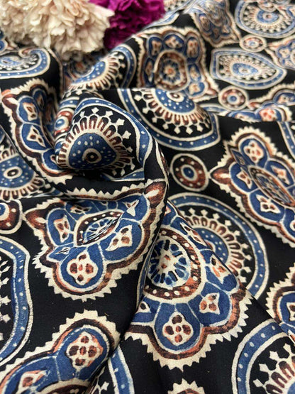 Black Block Printed Ajrakh Modal Silk Fabric ( 2.5 Mtr ) - Luxurion World