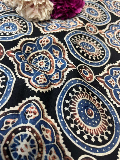 Black Block Printed Ajrakh Modal Silk Fabric ( 2.5 Mtr ) - Luxurion World