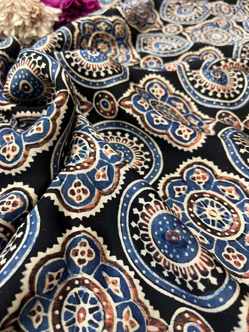 Black Block Printed Ajrakh Modal Silk Fabric ( 2.5 Mtr ) - Luxurion World