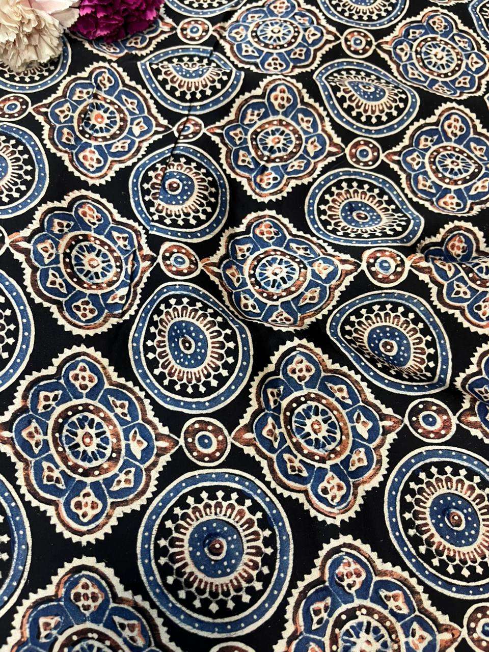 Black Block Printed Ajrakh Modal Silk Fabric ( 2.5 Mtr ) - Luxurion World