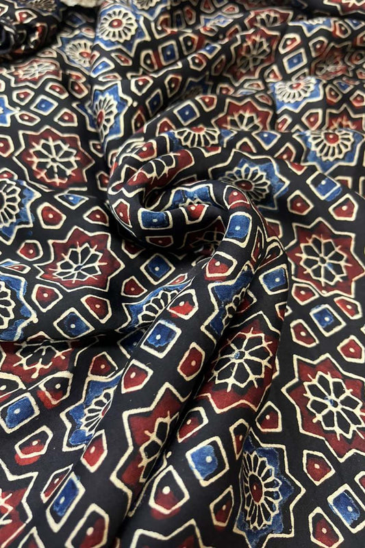 Multicolor Block Printed Ajrakh Modal Silk Fabric ( 1 Mtr ) - Luxurion World