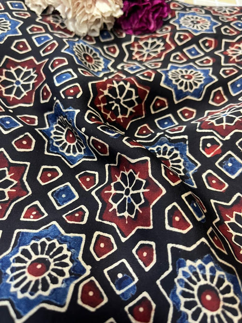 Multicolor Block Printed Ajrakh Modal Silk Fabric ( 2.5 Mtr ) - Luxurion World