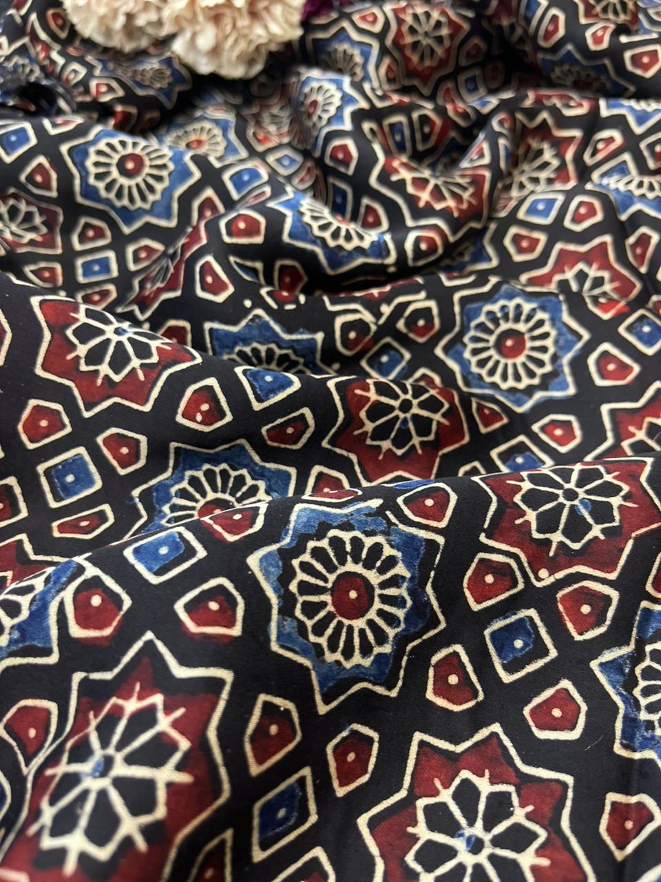 Multicolor Block Printed Ajrakh Modal Silk Fabric ( 2.5 Mtr ) - Luxurion World