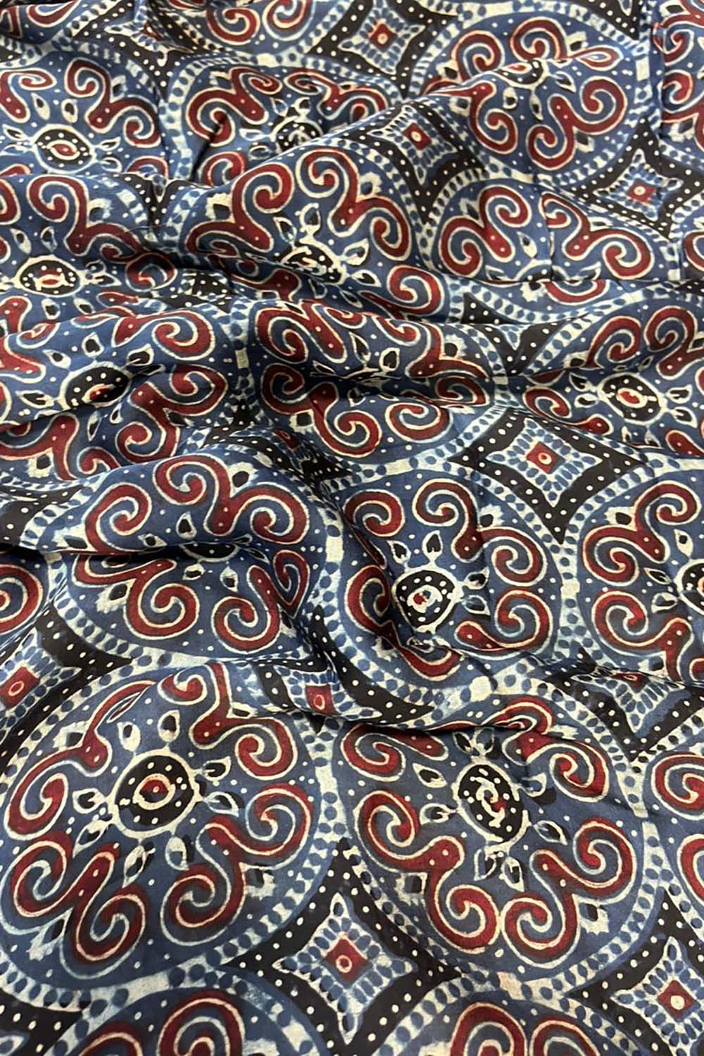 Blue Block Printed Ajrakh Modal Silk Fabric ( 1 Mtr ) - Luxurion World