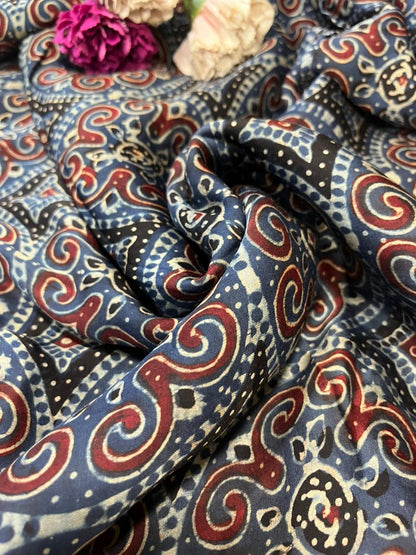Blue Block Printed Ajrakh Modal Silk Fabric ( 1 Mtr )
